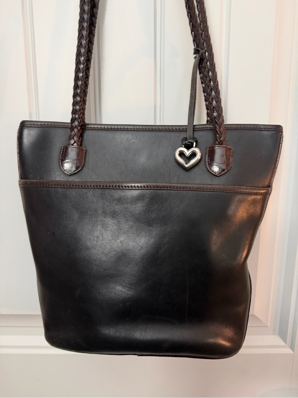 Brighton Black and Brown Leather Bucket Tote with Braided Straps and Heart Charm